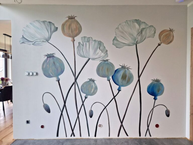 mural na ścianie w salonie, kwiatowy, malowanie scian artystycznie muszyna, szczawnica, grybów