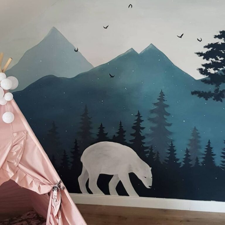 malunek na ścianie w pokoju dziecięcym miś, leśny mural nawojowa, myslenice, limanowa